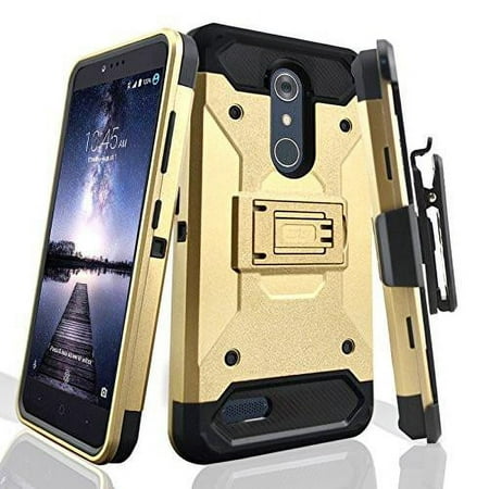 ZTE Blade X Max, ZTE Carry, ZTE ZMAX Pro Case, ZTE Grand X Max 2 Case, ZTE Imperial Max / ZTE Max Duo LTE Heavy Duty[Built-in Kickstand] Belt Clip Holster / Rugged Triple Layer Protection - Gold