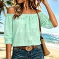 thumbnail image 6 of Ayolanni Short Sleeve T Shirts for Women Elastic V-Neck Ruffled Plaid Blouse Casual Puff Loose Off the Shoulder T-Shirt Womens Tees Green XL, 6 of 8