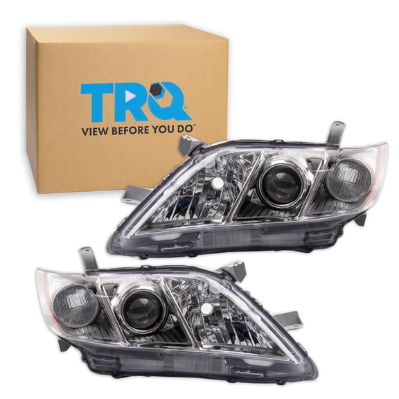 TRQ 2 Piece Headlight Assembly Set Halogen Chrome Bezel Driver & Passenger Side Fits Toyota Camry 2007-2009 TO2518105 TO2519105
