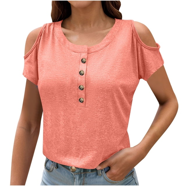 Timegard Hauts Grande Taille pour Femmes Col Rond Épaule Bouton Manches Courtes Blouse Décontractée Confortable Ample