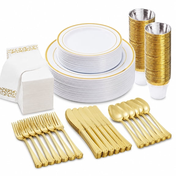 Party dinnerware set for 25 guests: 175 pcs gold plastic plates, silverware, cups, napkins durable, elegant, festive use