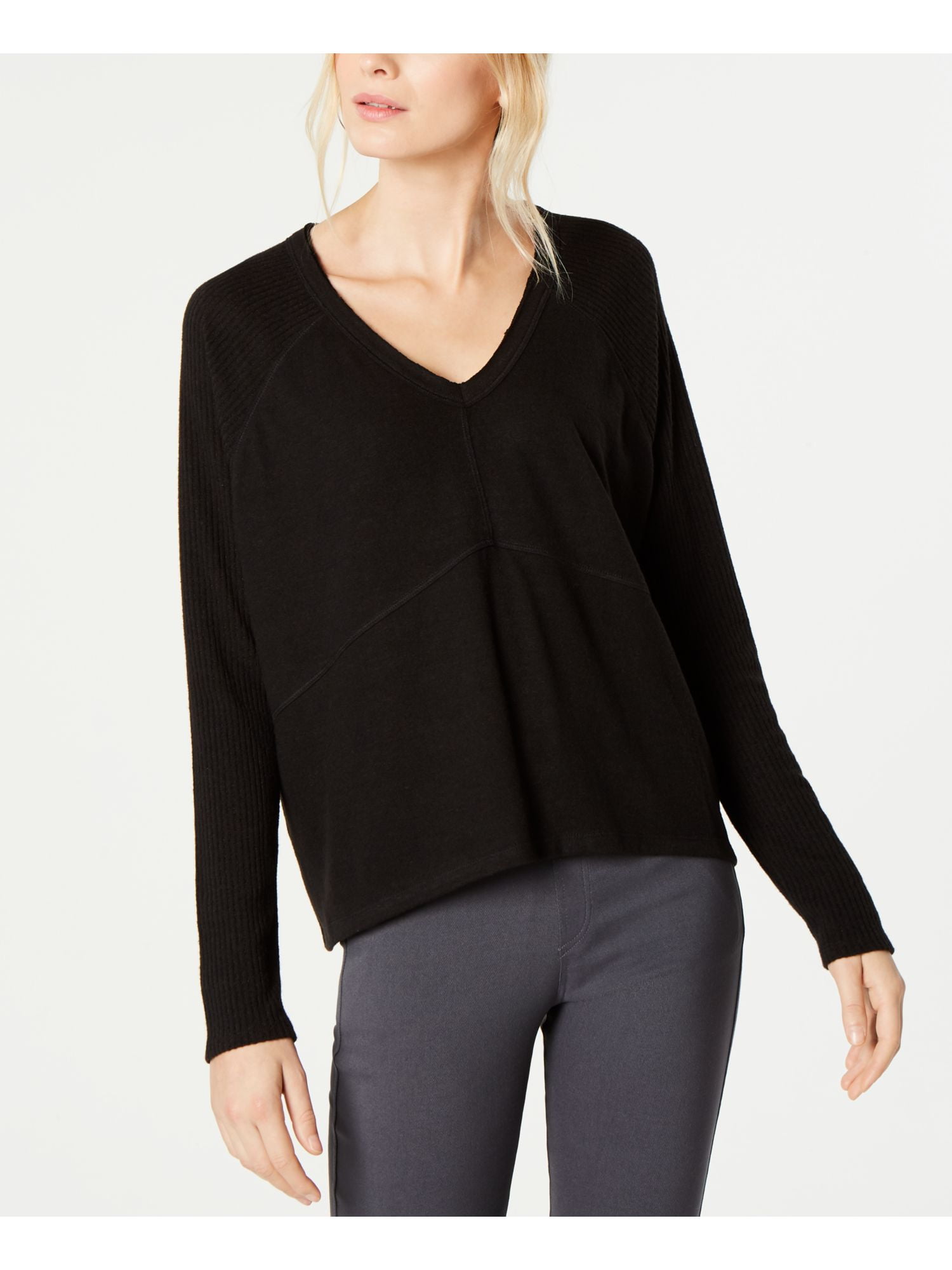 INC INC Womens Black Ribbed Sleeve Knit Long Sleeve V Neck Top Size L