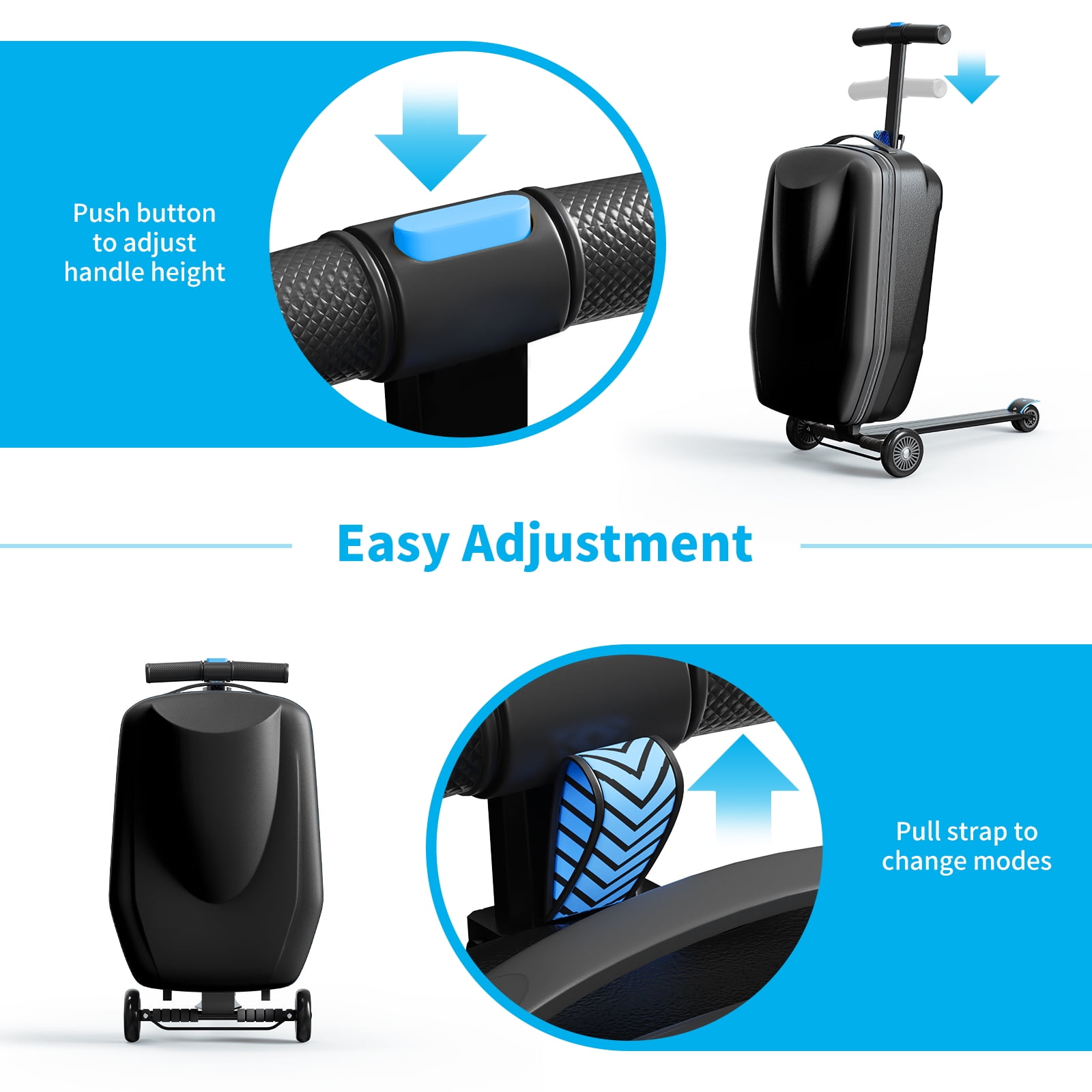 TABU Scooter Luggage for Kids & Adults, Carry on Luggage with Wheels for Kids Ages 6-15,Black