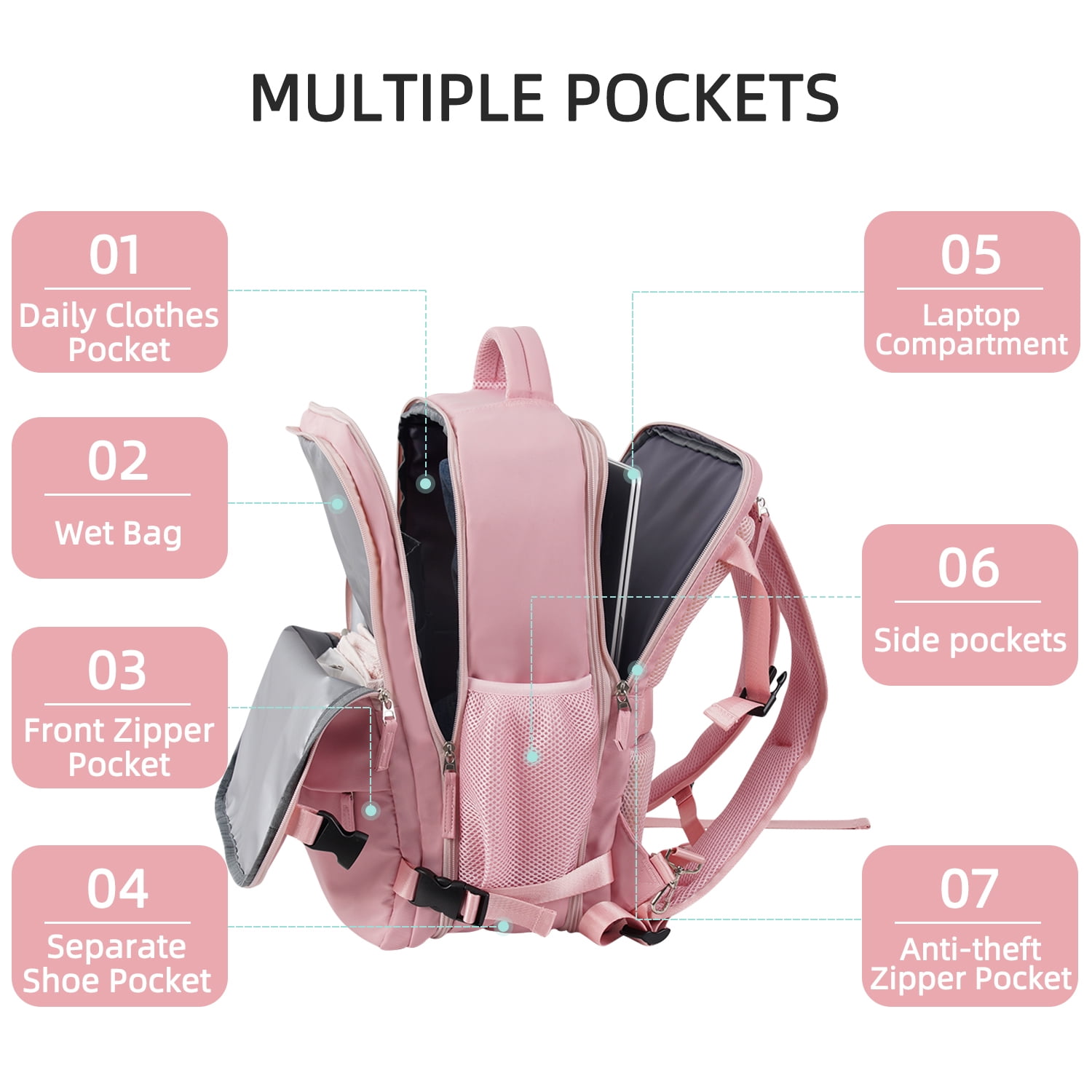 Lochas Travel Backpack Carry On Backpack,Hiking Backpack Waterproof Outdoor Sports Rucksack Multi-pocket Daypack School Bag for Men Women,Pink