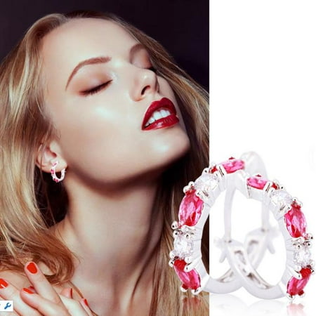 - EECOO Woman Jewelry Ruby Diamonds Silver Plated Hoop Earrings Girl Accessory, Diamonds Earrings, Ruby Earrings