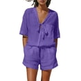 thumbnail image 2 of Hvogkswy Women Two Piece Linen Sets, Solid Color Short Sleeve V-Neck Tops and Wide Leg Shorts with Pockets Loose Breathable Hawaiian Beach Vacation Summer Outdoor Casual Set, 2 of 9