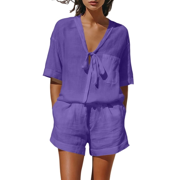 Kilaqueen Cotton Linen Shorts Sets for Women 2 Piece Summer Beach Vacation Outfits Tie Front Short Sleeve Tops & Shorts Lounge Set