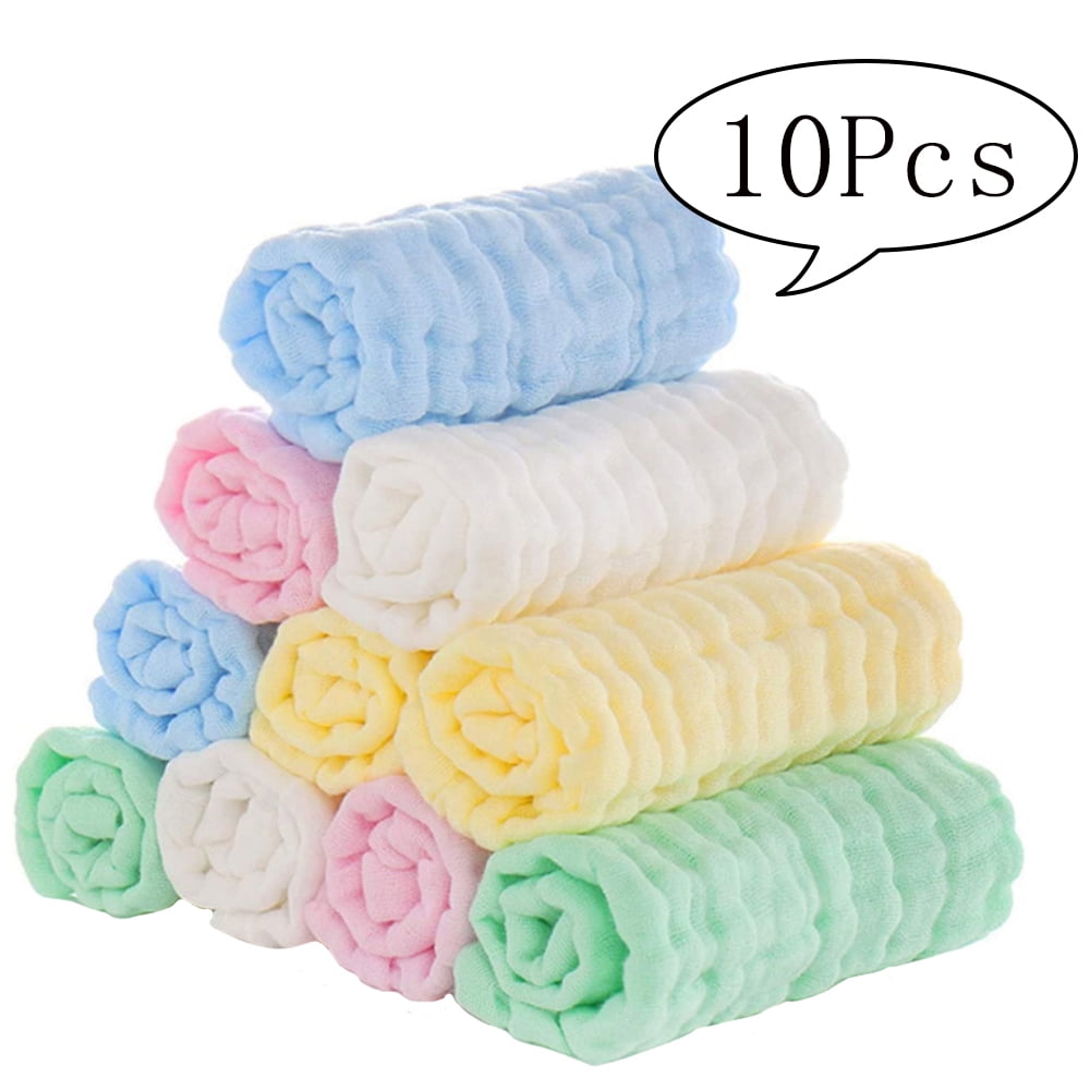 CNKOO Baby Muslin Washcloths, 10 Pack 12 x 12' Towel Set for Bathroom, Hotel, Spa, Kitchen, Multi-Purpose Extra Soft Newborn Baby Face Towel