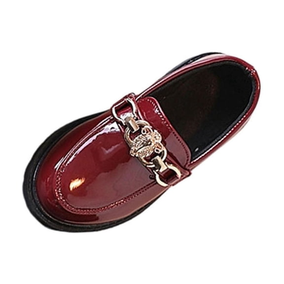 SERTG Girls Metal Chain Slip On Loafers Kids Princess Dress Shoes Gold Chain Embellishment Glossy Upper Round Toe Low Block Non Slip Sole School Daily Outdoor Casual Wear Flats(9.5-10 Years)