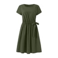 thumbnail image 4 of Ayolanni Dresses for Women 2026 Elastic Waist Short Sleeve Crew Neck Solid Midi A-Line Dress Cotton Linen Daily Casual Modest Swing Sundress with Pockets Green L, 4 of 7