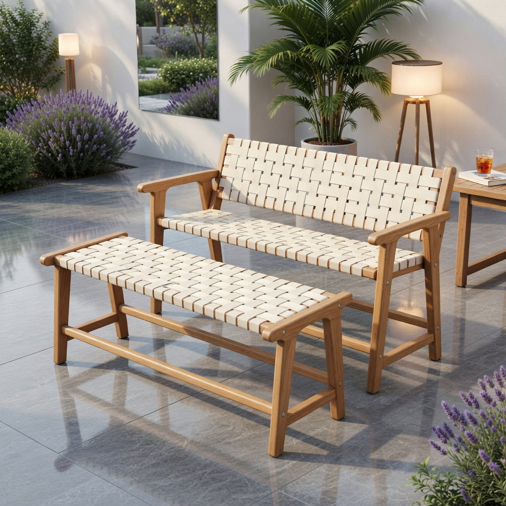 Hommoo 47" Teak Wood Patio Bench with Woven PP Seat, Sturdy Outdoor Bench for Patio, Porch, Poolside & Entryway, Natural