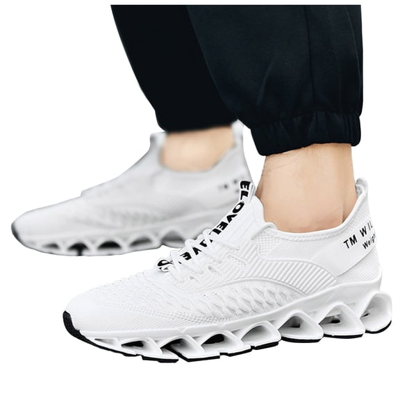 Mens Running Shoes Antislip Sole Slip on Fashion Sneakers Lightweight Woven Mesh Lace up Casual Athletic Walking Shoes White Size 10.5