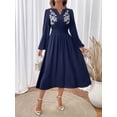 thumbnail image 3 of Women's Embroidered Notched Long Sleeve Midi Dress with 88% viscose and 12% polyamide fabric for versatile wear, 3 of 8