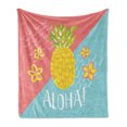thumbnail image 1 of Aloha Soft Flannel Fleece Throw Blanket, Flowers and Pineapples with Calligraphy on a Bicolor Background, Cozy Plush for Indoor and Outdoor Use, 60" x 80", Coral Aqua, by Ambesonne, 1 of 6