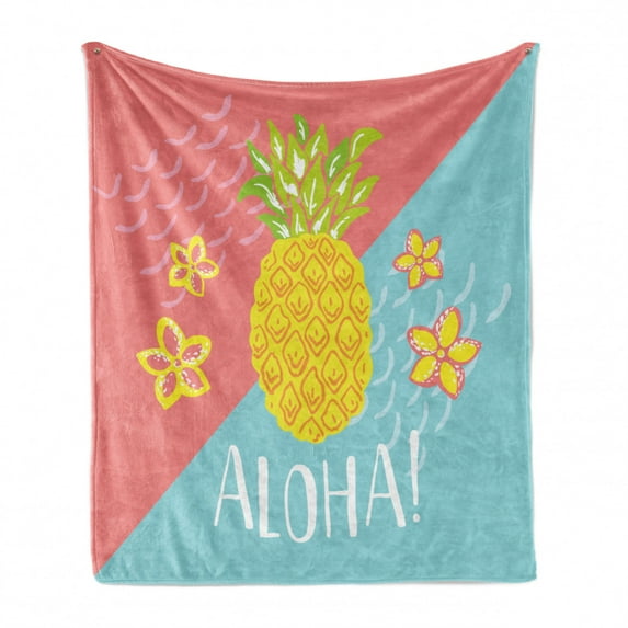 Aloha Soft Flannel Fleece Throw Blanket, Flowers and Pineapples with Calligraphy on a Bicolor Background, Cozy Plush for Indoor and Outdoor Use, 70" x 90", Coral Aqua, by Ambesonne