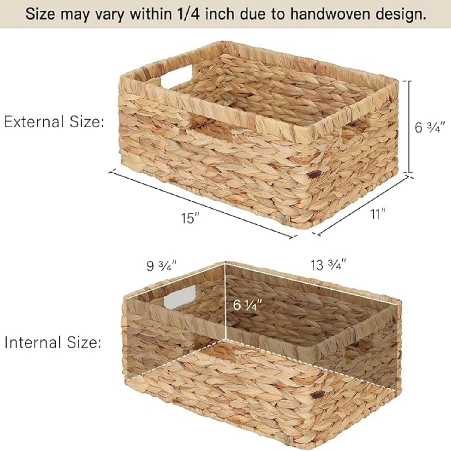 Large Rectangular Wicker Basket, Water Hyacinth Storage Basket with Built-in Handles, 1 Pack