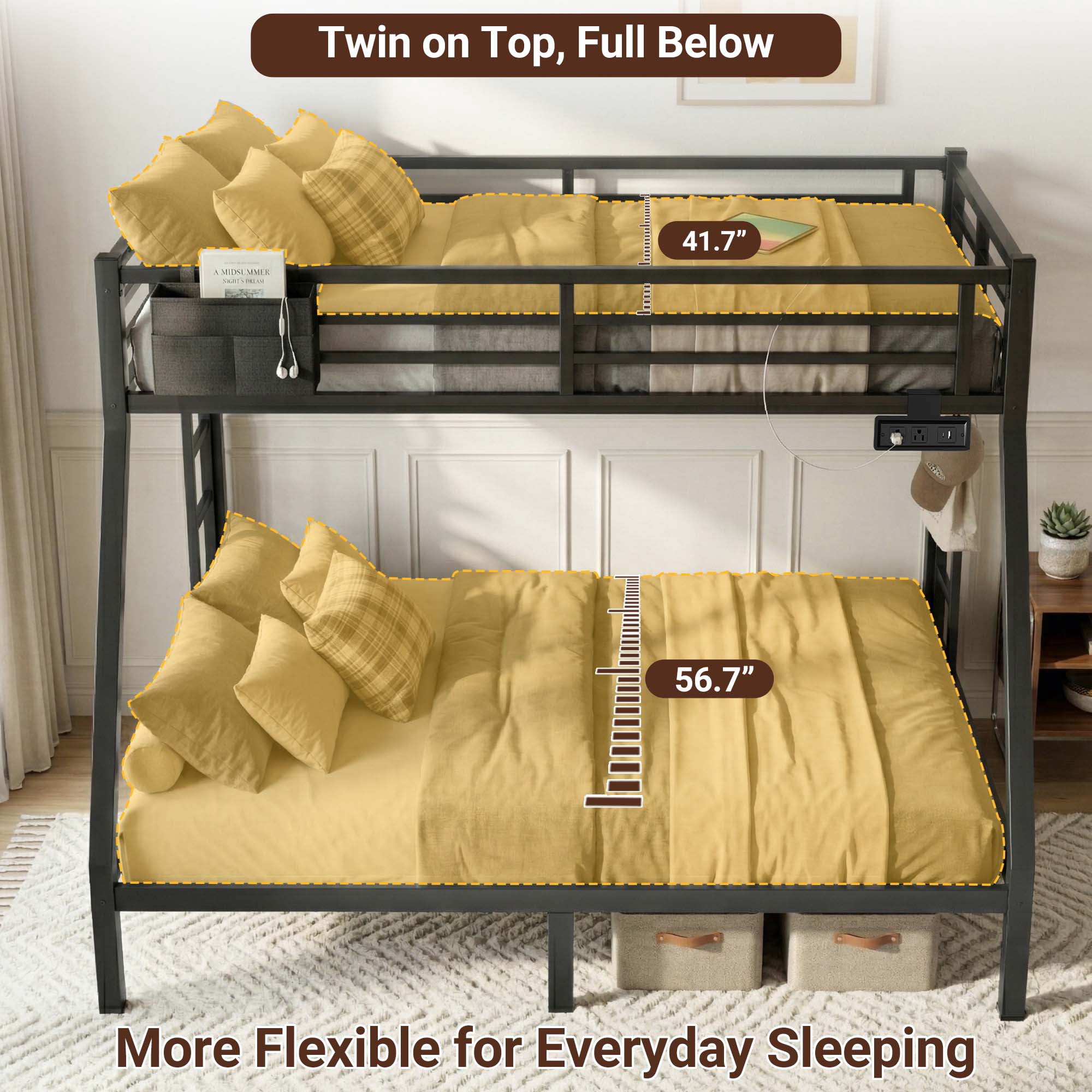 Miniyam Twin Over Full Metal Bunk Bed with Charging Station, LED and Storage for Teens and Adults, Black