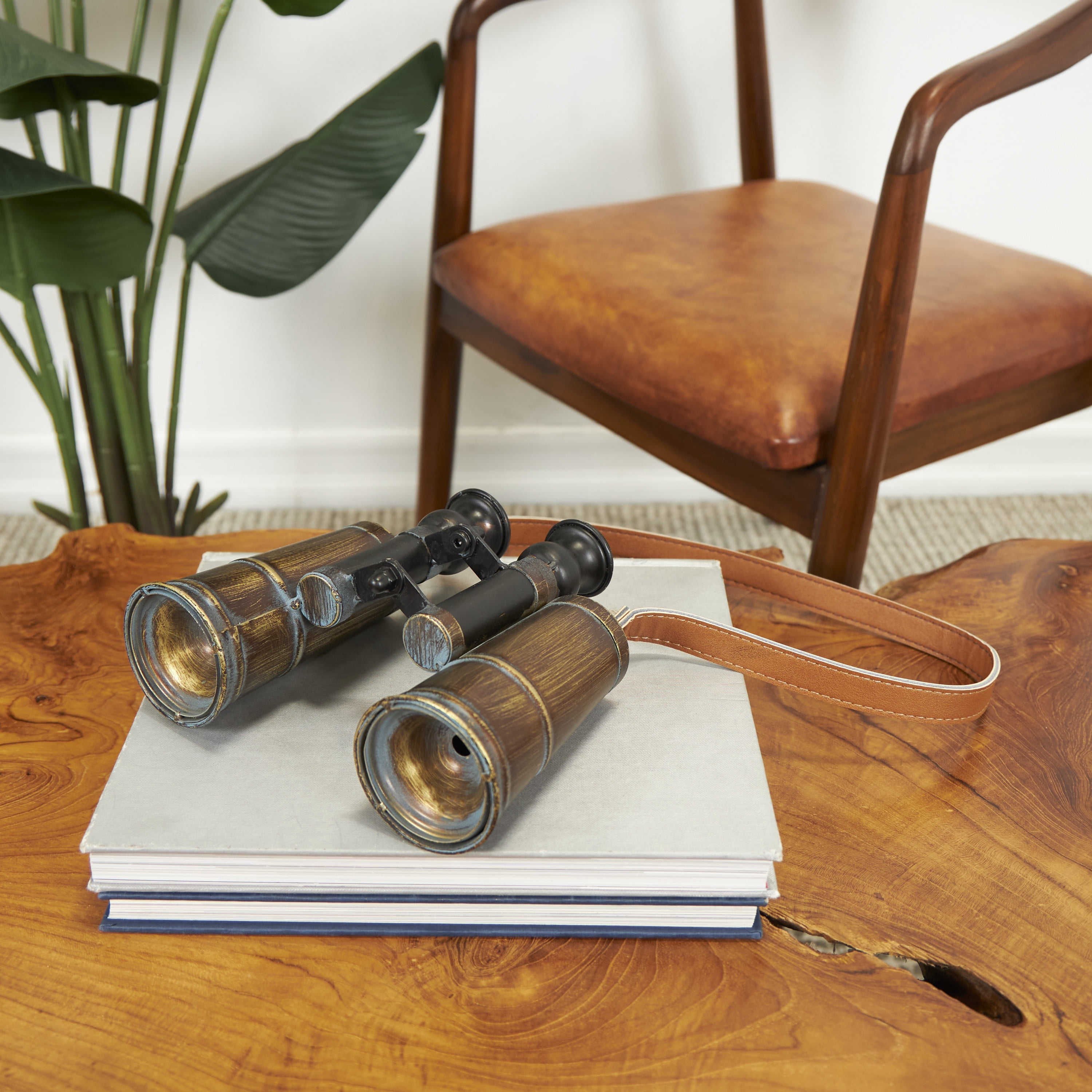 DecMode 7" x 7" Copper Metal Antique Binocular Telescope Tabletop Décor with Brown Faux Leather Strap, 1-Piece
