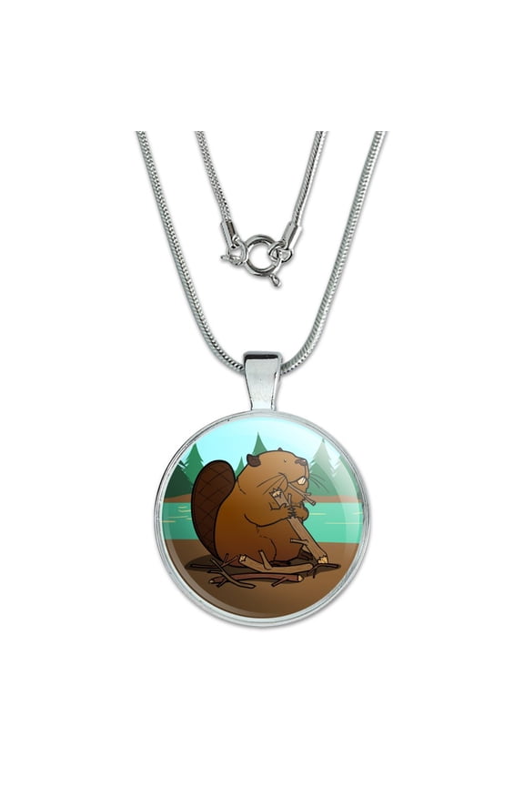 Beaver Chomping Wood 1" Pendant with Sterling Silver Plated Chain