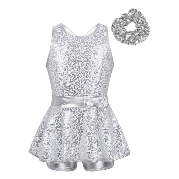 Miaeowve Kids Girls Ballet Dance Outfits Shiny Sequins Bowknot Cutout Back Gymnastic Leotard Dress Jazz Latin Dancewear White 16