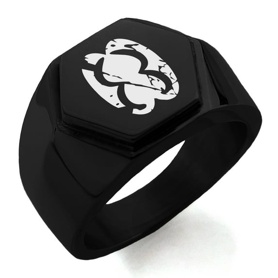 Stainless Steel Ancient Tribal Unity Rune Engraved Hexagon Crest Flat Top Biker Style Polished Ring