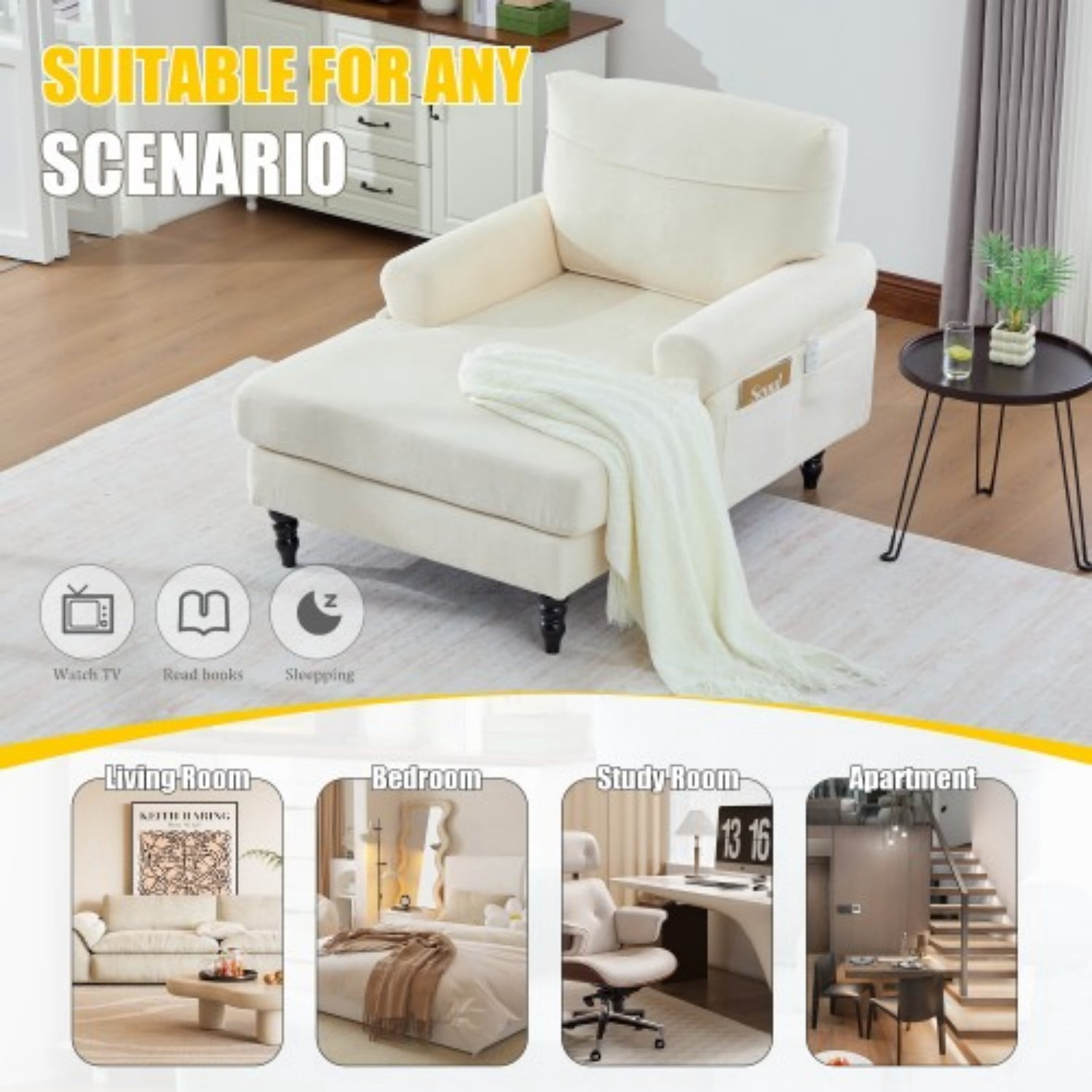 Chenille Chaise Lounge Chair, Oversized Upholstered Recliner Sofa with Wide Seat, High Density Foam Backrest, Solid Wood Legs & Side Pockets for Living Room, Bedroom, Office, Beige