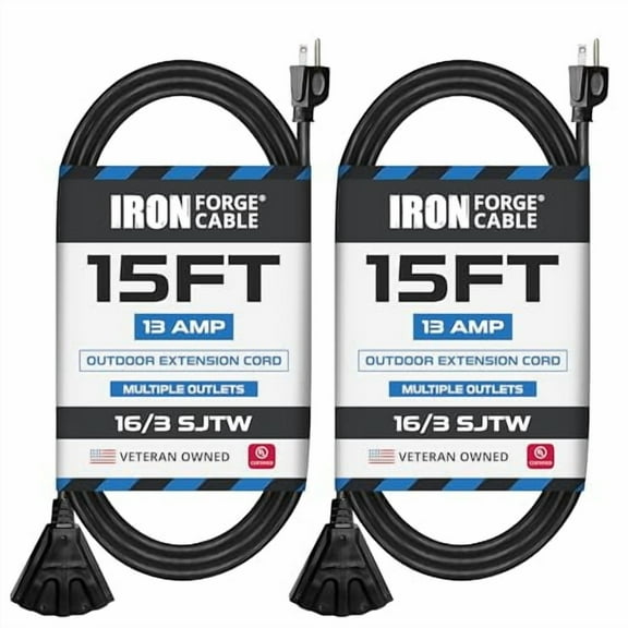 Iron Forge Cable 2 Pack 15 Ft Black Extension Cord with 3 Outlets - 16/3 SJTW 15 Foot Extension Cord 3 Prong, Weatherproof Power Cable for Outdoor