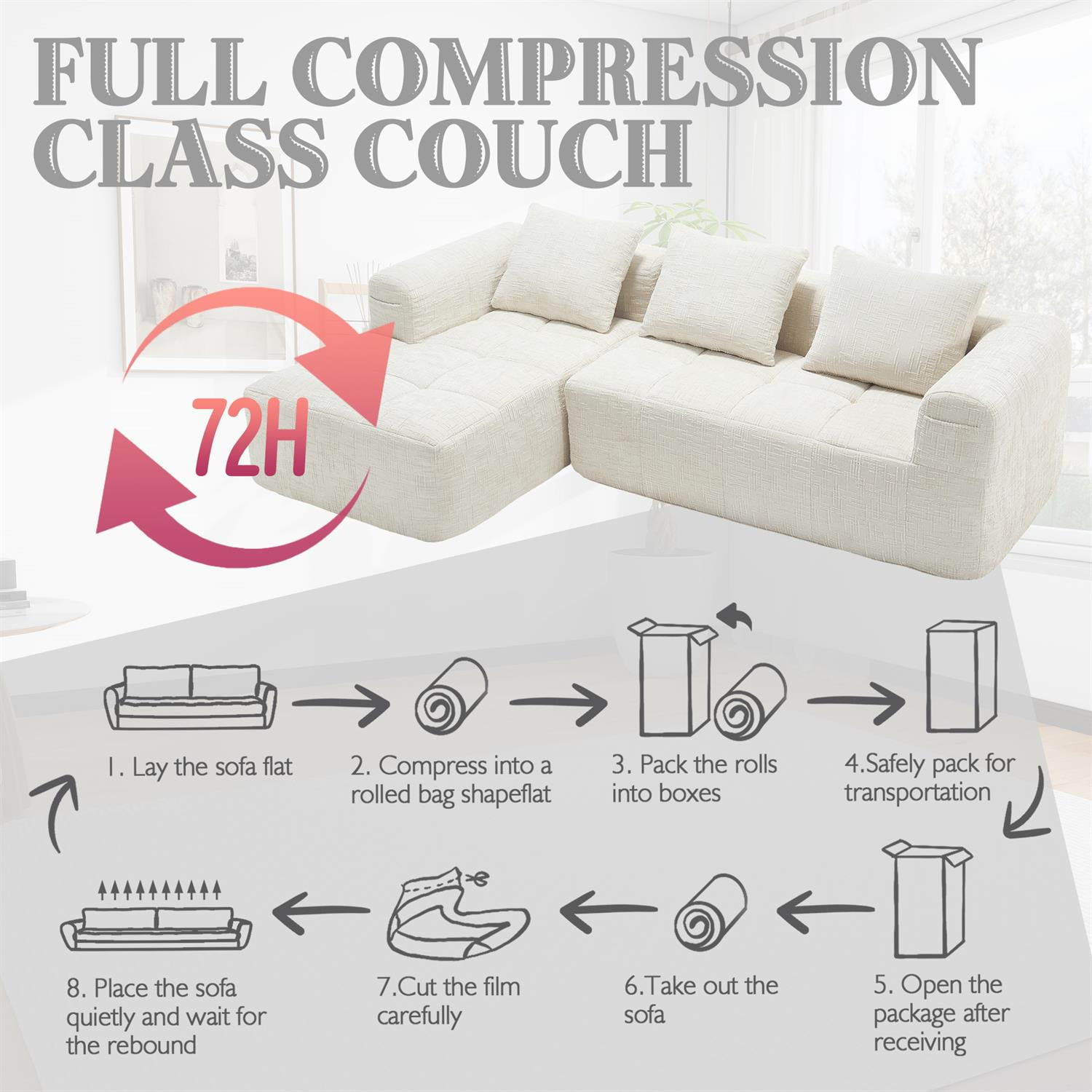 Demi Bonn 98" L-Shaped Modular Sectional Sofa with Chaise, Side Pockets, Modern Comfort Couch, Compression-Free Installation for Living Room, White