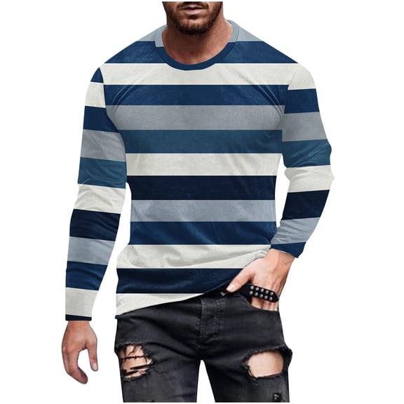 GuangCheng Mens Striped T-Shirts Long Sleeve Casual Crewneck Basic Shirts Color Block Stretch Fall Tees
