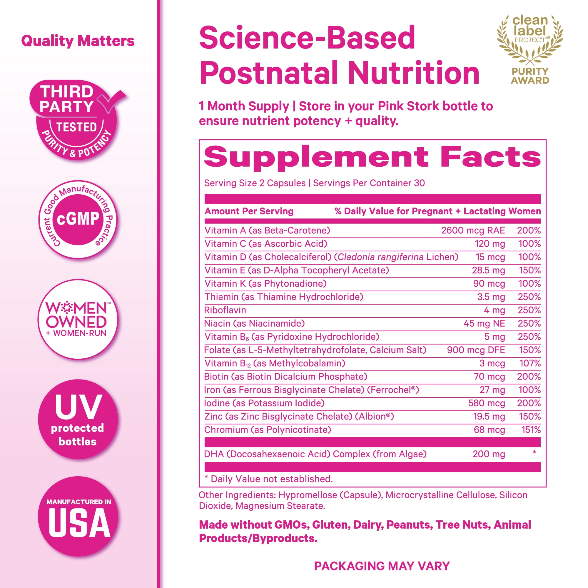 Pink Stork Postnatal Multivitamin for Breastfeeding Moms, 60ct - Vegan Algae DHA, Iron, Folate, and Vitamin B12, No Fishy Burps, Berry Scented