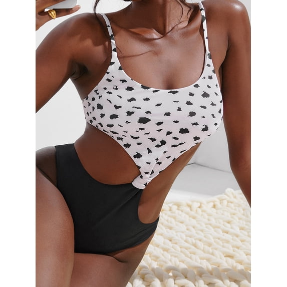 ZAFUL for Women Swimwear Animal Print Knotted Cut Out One-piece Swimsuit Black XL