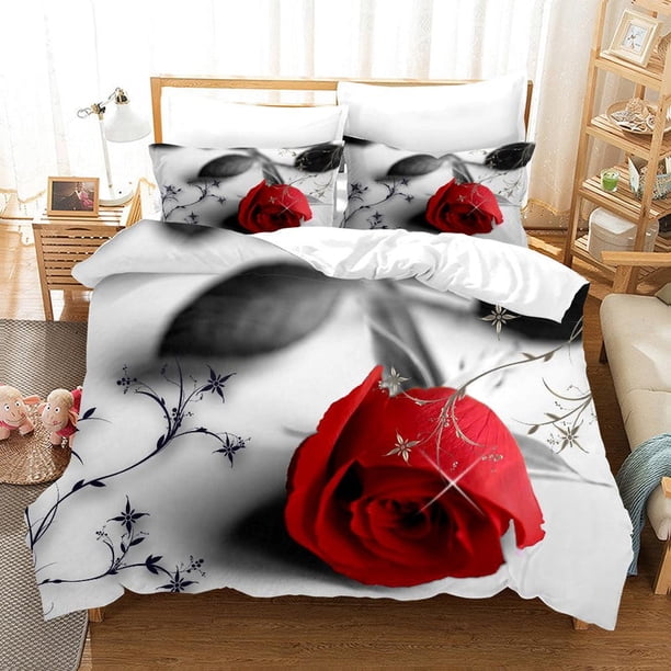 3D Rosa Roja Funda de edredón Juego de ropa de cama Fundas de almohada 61