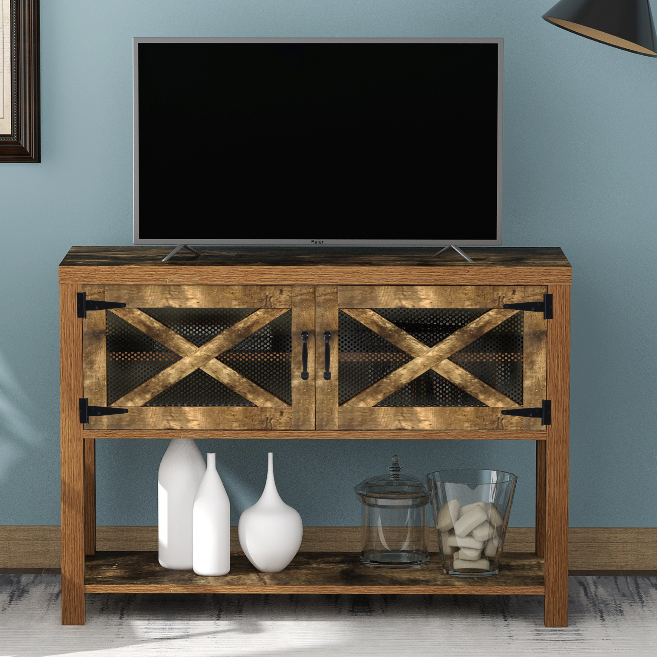 44" TV Stand Wood Metal TV Console Industrial Entertainment Center