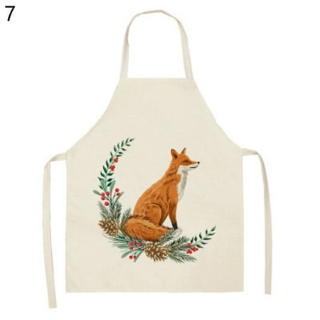 

Grandest Birch Cooking Bib with Strap Oil-proof Flax Cartoon Fox Pattern Printed Kitchen Apron Household Supplies with Strap Soft