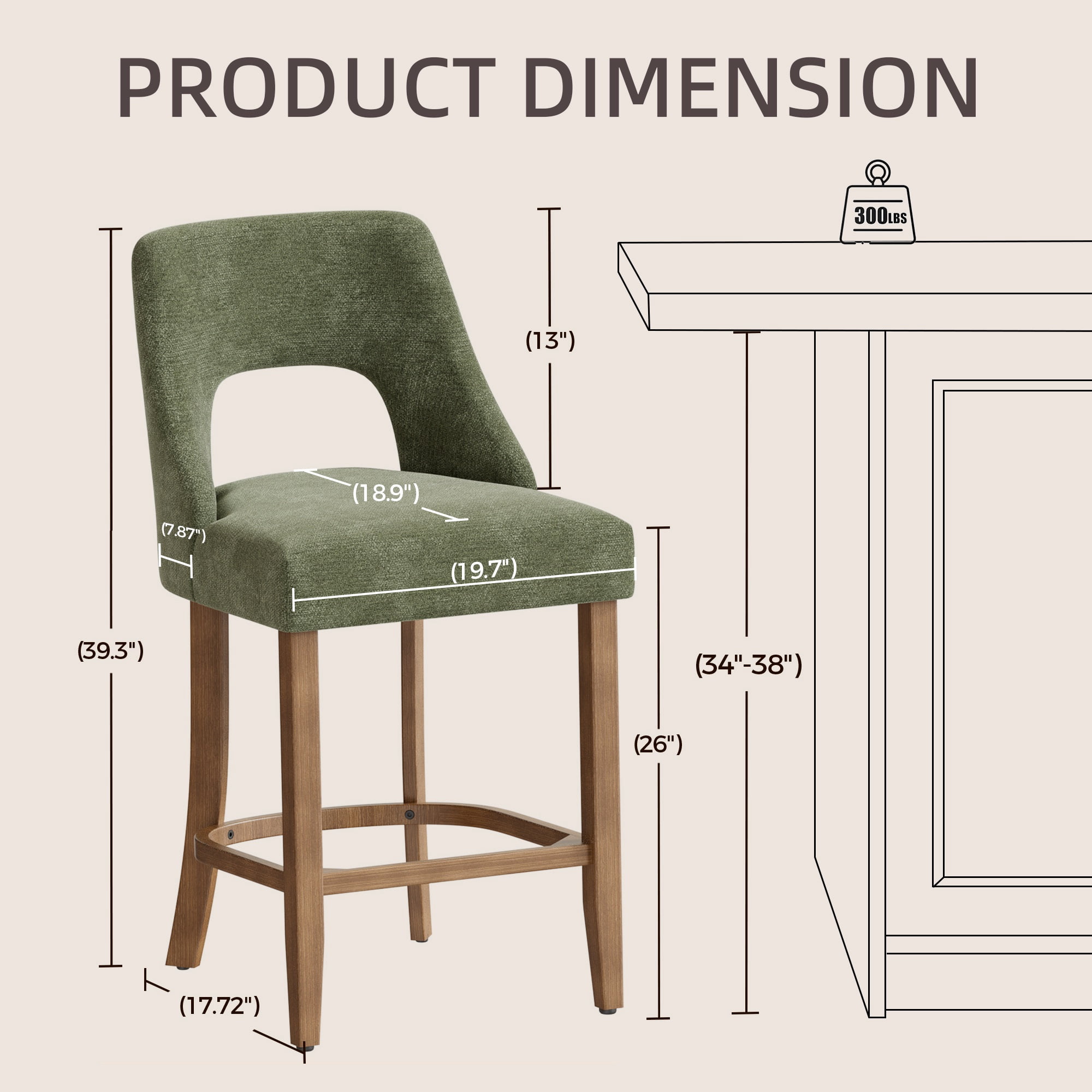 PORKISS 26" Bar Stools Set of 2, Upholstered Kitchen Island Stools with Hollow Back, Mid-Century Counter Stools with Wood Legs Footrest, Green