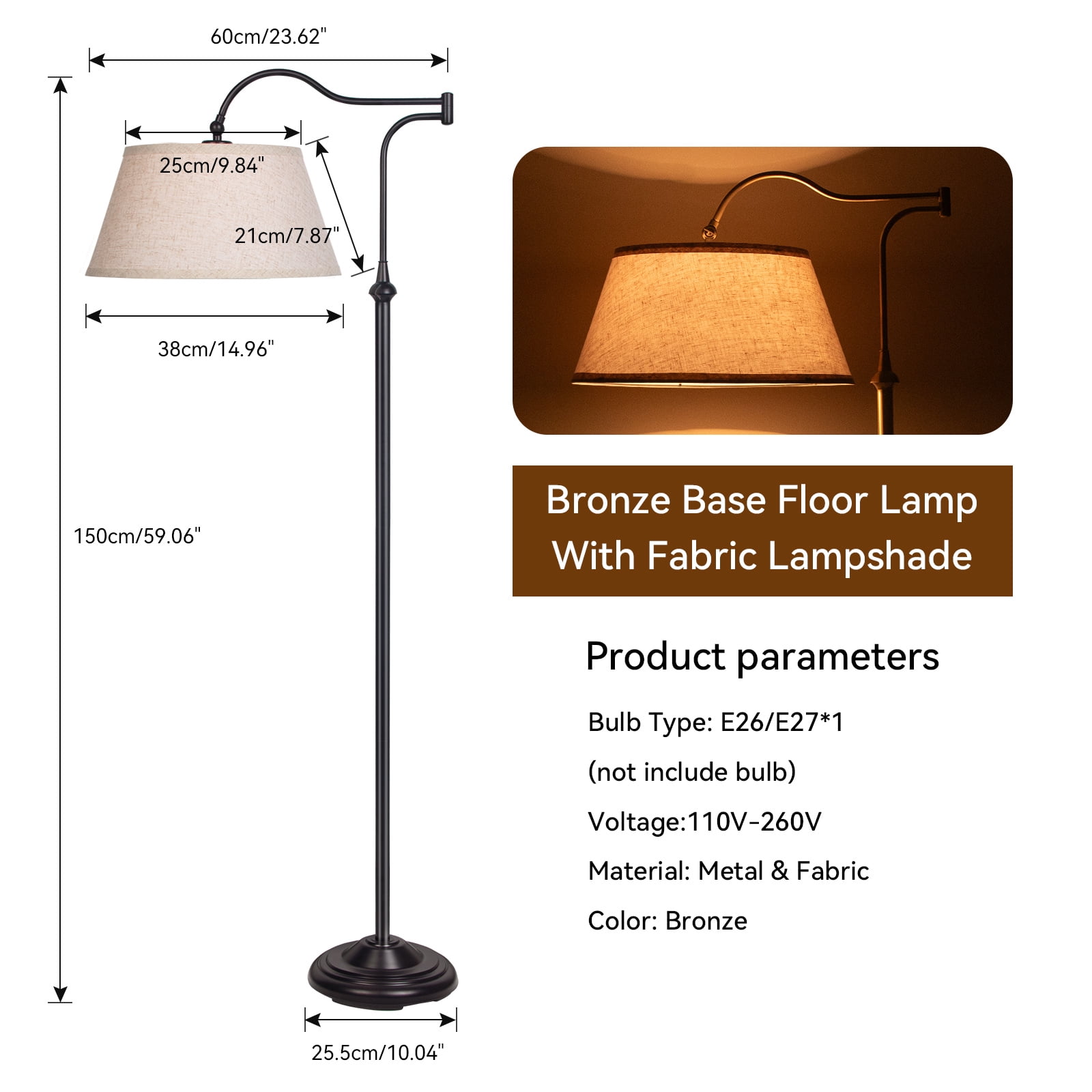 HonoDing Cantilever Floor Lamp, Standing Chandelier Floor Lamp with 180° Adjustable Swing Arm, Modern Floor Lamps with Linen Shade,Classic Lamp for Living Room Office Bedroom Reading(Black)