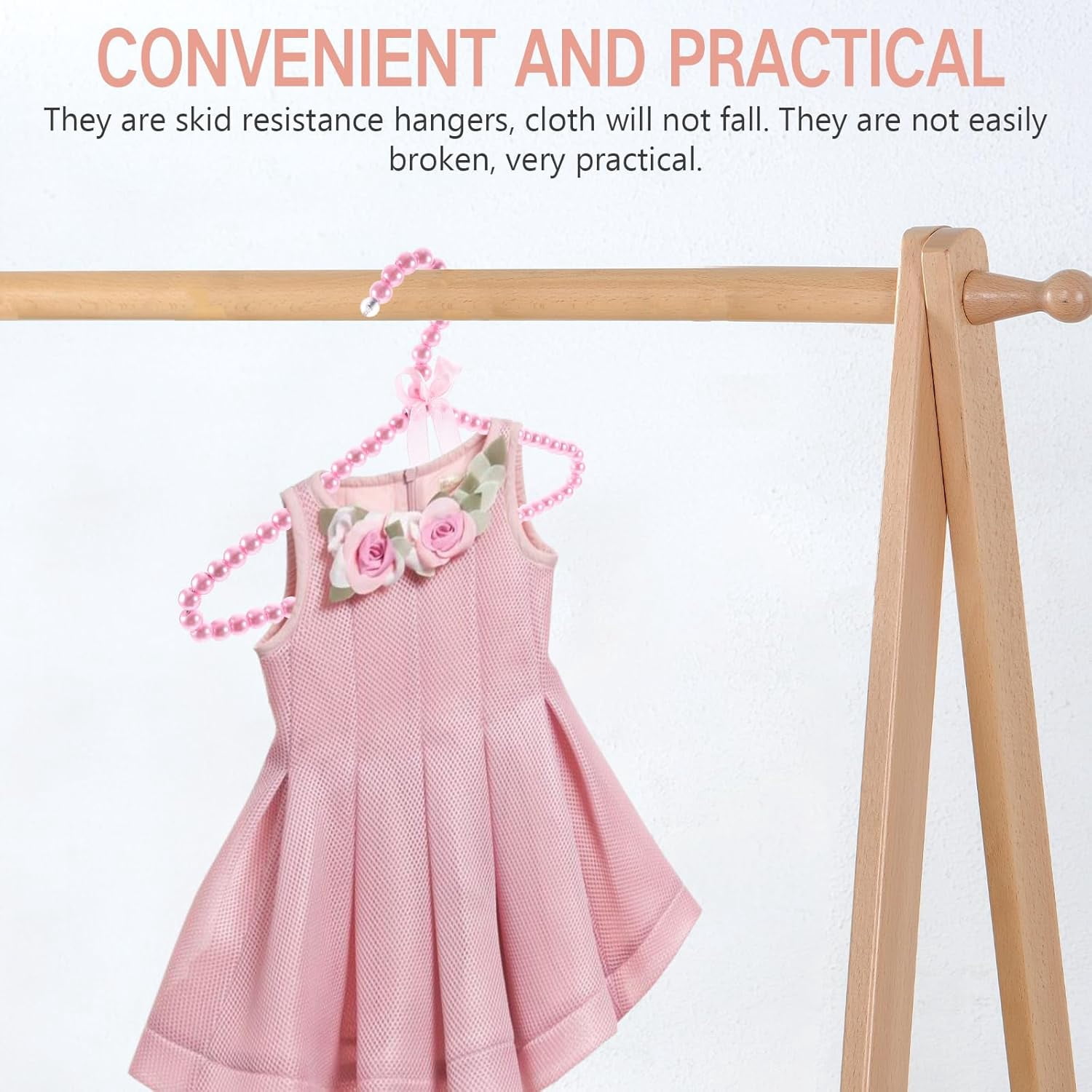 IULAVP 2 Pack Pearl Beaded Hangers for Kids, 11.8 x 7.5 Inch Plastic Baby Clothes Hangers with Bow, Non Slip Toddler Nursery Closet Organizer for Girl Dress, Dog Pet Apparel (Pink)