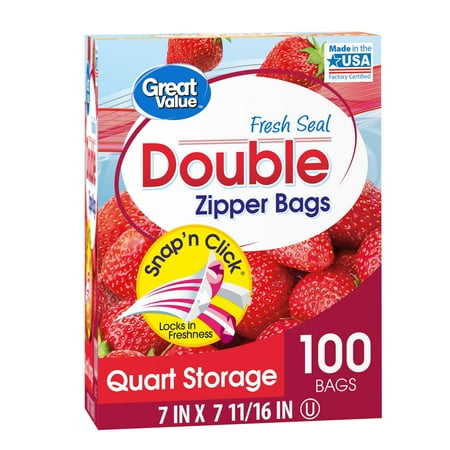 (2 pack)Great Value Fresh Seal Double Zipper Storage Bags, Quart, 100 Count