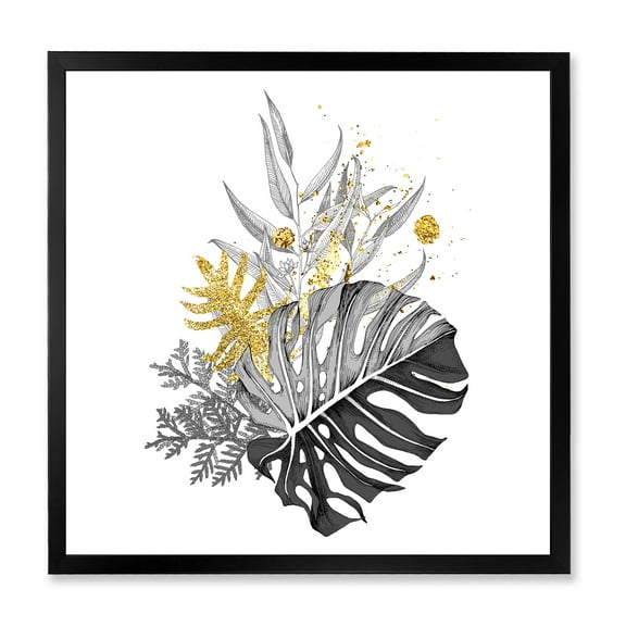 Designart 'Bouquet With Golden Tropical Leaves and Monochrome' Tropical Framed Art Print