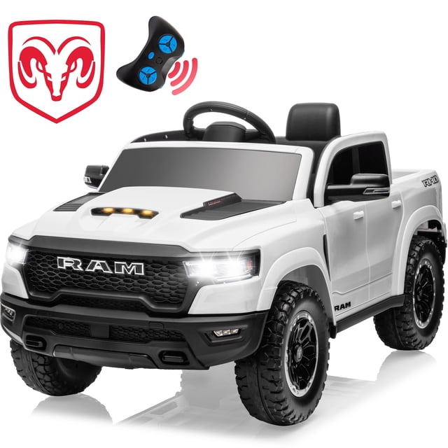 Ram Ride on Car Toys, 12V RAM 1500 Battery Powered Ride on Toy Truck with Remote Control, Electric Car for Kids Girls 3-5 w/ Bluetooth, Rear Storage Trunk, Safety Belt, 4 Wheelers, White