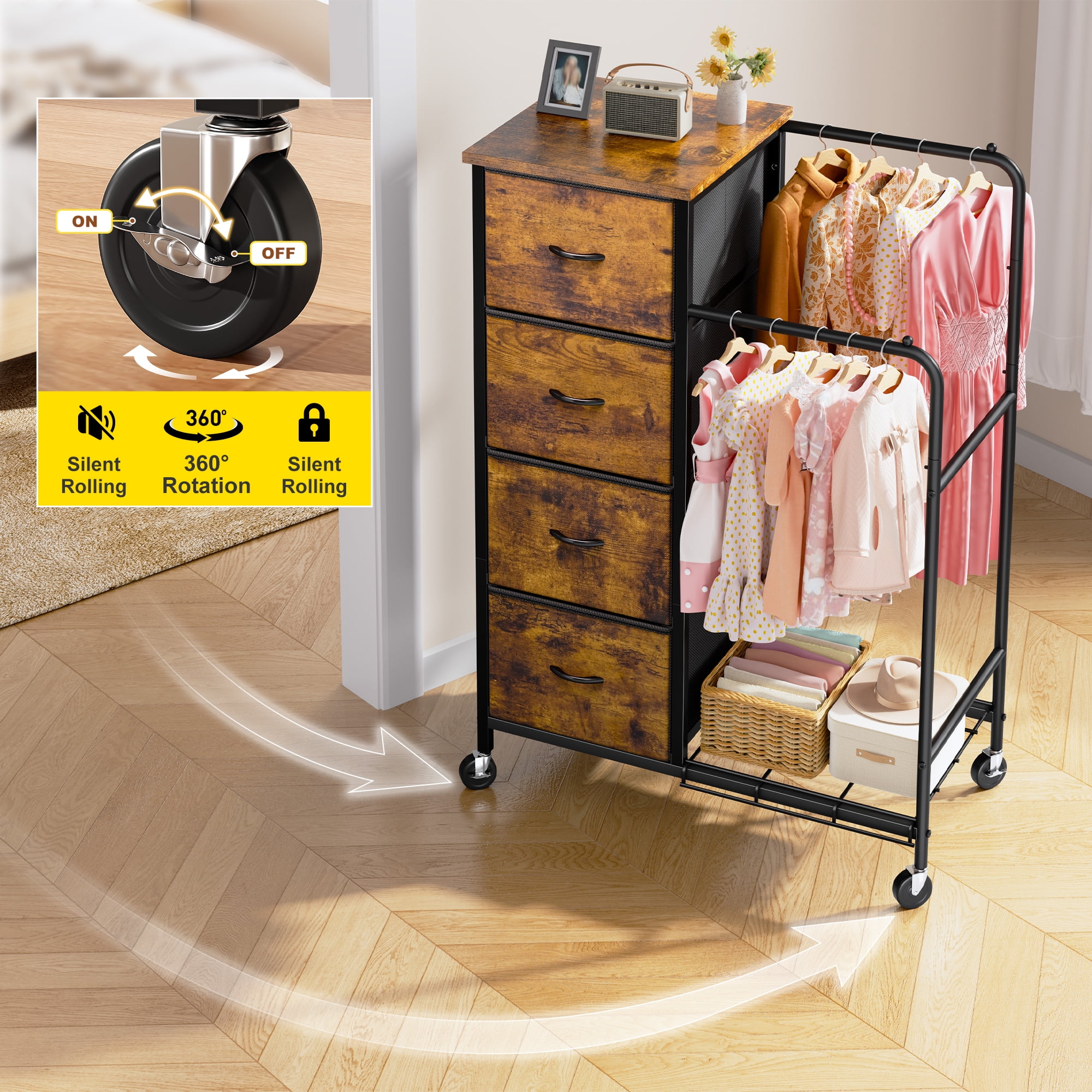 EnHomee Fabric Dresser with 2 Hanging Racks Small Dresser with 4 Drawers for bedroom Small Closet with Clothes Rack, Rustic Brown