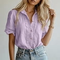 thumbnail image 4 of Mifsaly Button Down Shirts Women Crochet Lace Trim Elegant Business Casual Tops Short Sleeve V Neck Collar Blouses for Work office Summer Vacation Outfits Purple,M, 4 of 7