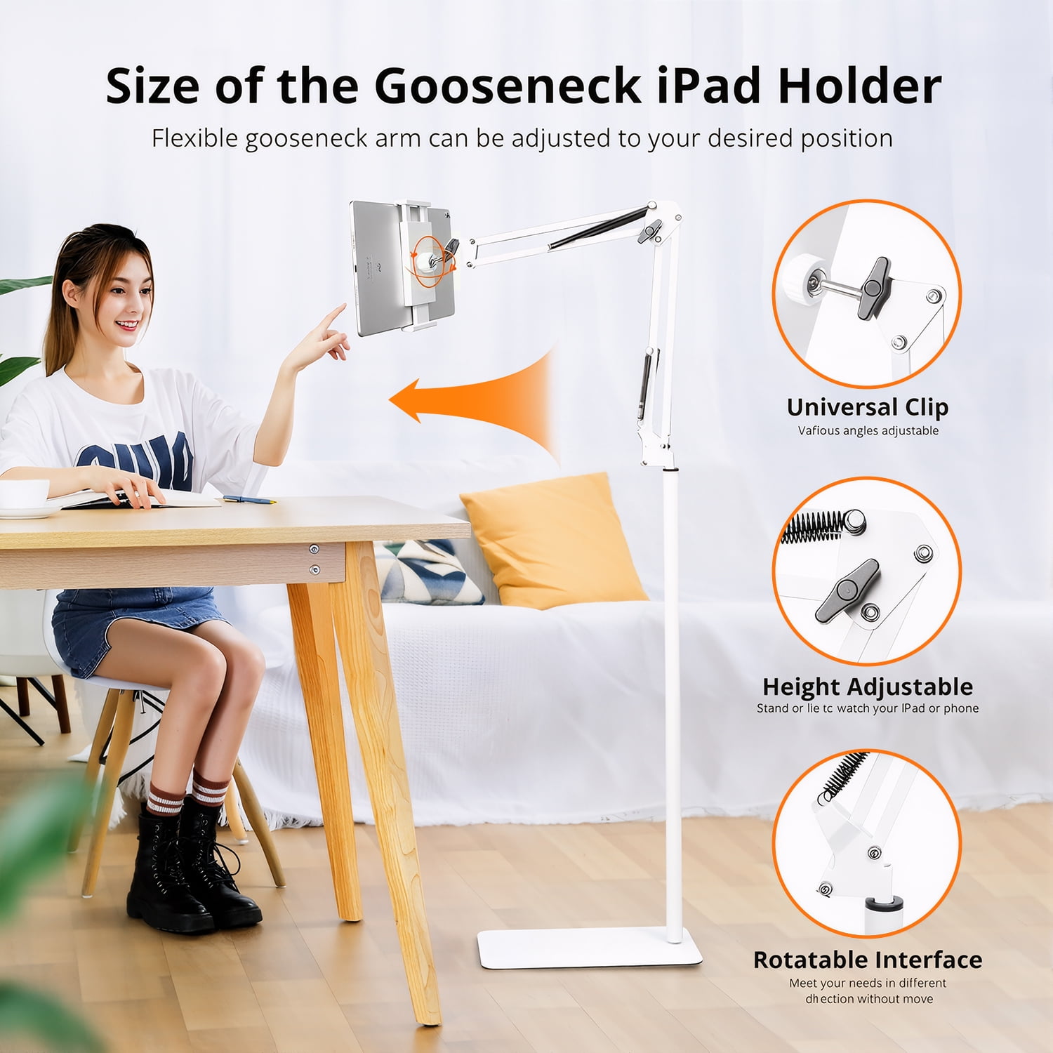 Hanru Tablet Floor Stand, 69" Height Adjustable 360-degree Rotatable Tablet Holder, Arm Stretchable Stand, Overhead Bed Phone Mount（4"~12.9''), White