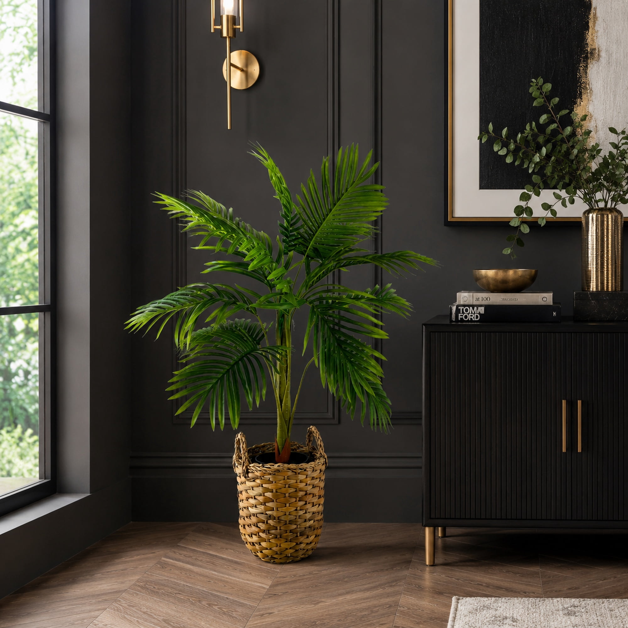 Artificial Plants, 3.3ft Artificial Palm Plant in Woven Handled Basket by LCG Florals, Faux Designer Fake Palm Tree Indoor for Home Décor Office Porch Patio Living Room Decor