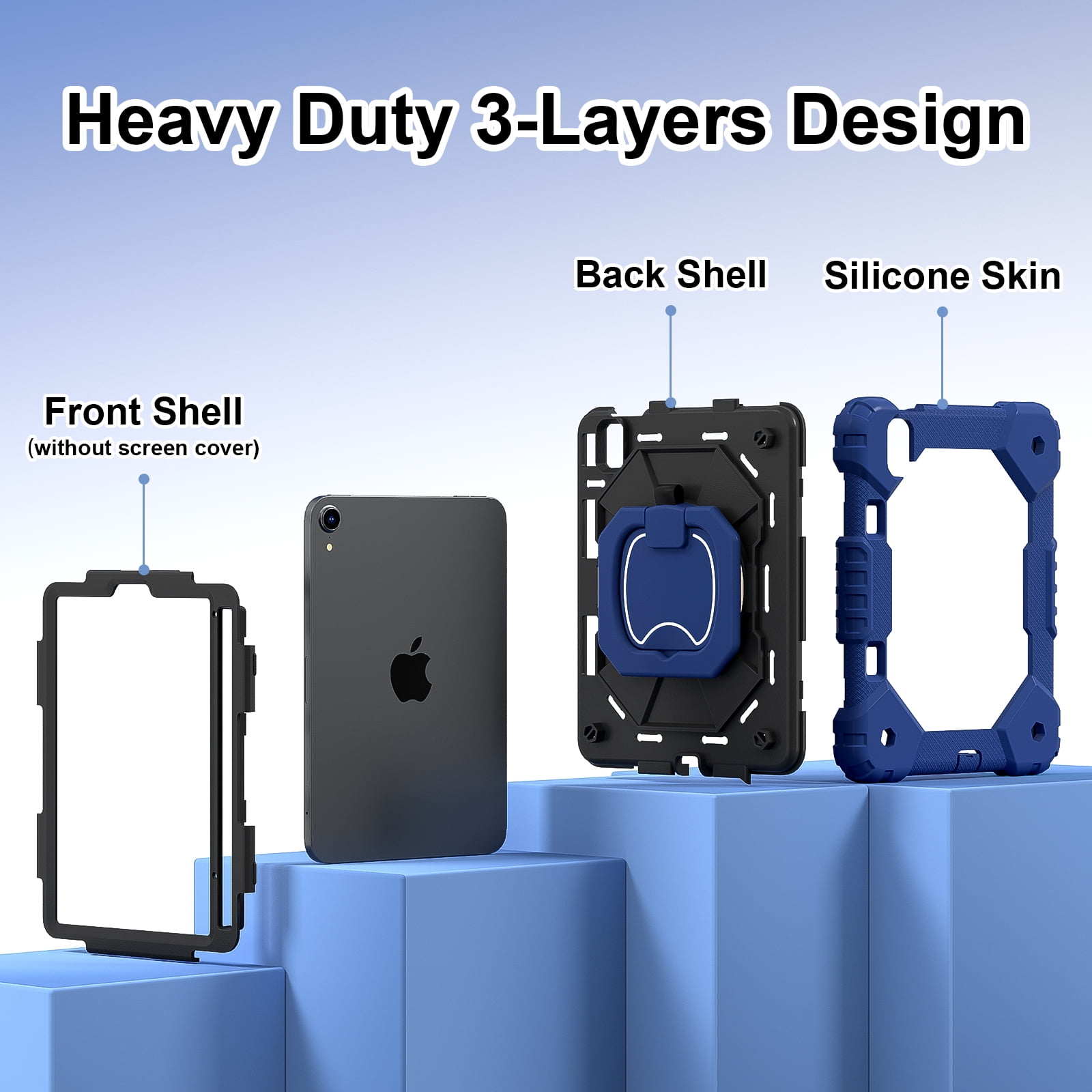 Dteck with Pencil Holder Case for mini A17 Pro 2024,iPad mini 6th Generation 8.3 inch Heavy Duty Silicone Case 360 Degree Rotating Handle Stand Cover with Shoulder Strap,Navy+Black