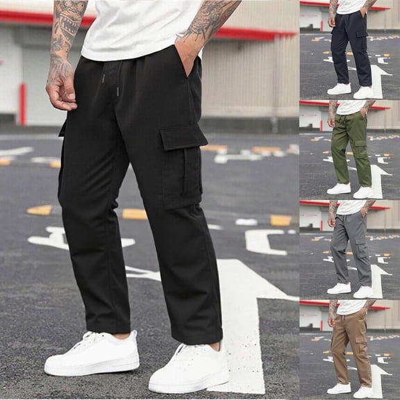 Lovzfmll Men's Cargo Pants, Multi-Pocket Work Trousers with Drawstring Waist, Athletic Relaxed Full Length, Solid Color Utility Pants