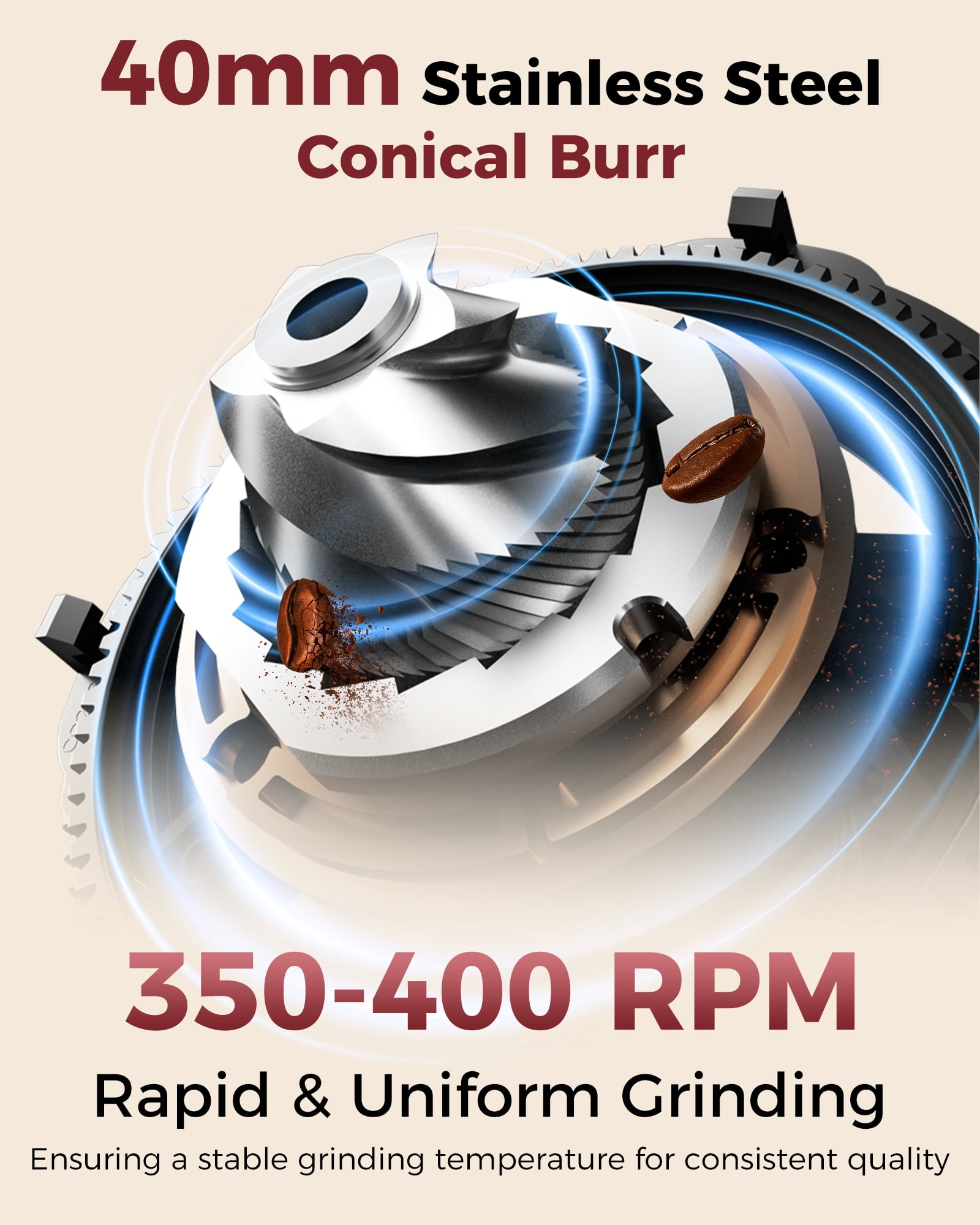 Tuni G2 Conical Burr Coffee Grinder, 70 Grind Settings Anti-static Burr Mill, Precision Electronic Timer and LED Touchscreen for Espresso/Drip/Cold Brew/French Press, Stainless Steel, Ivory