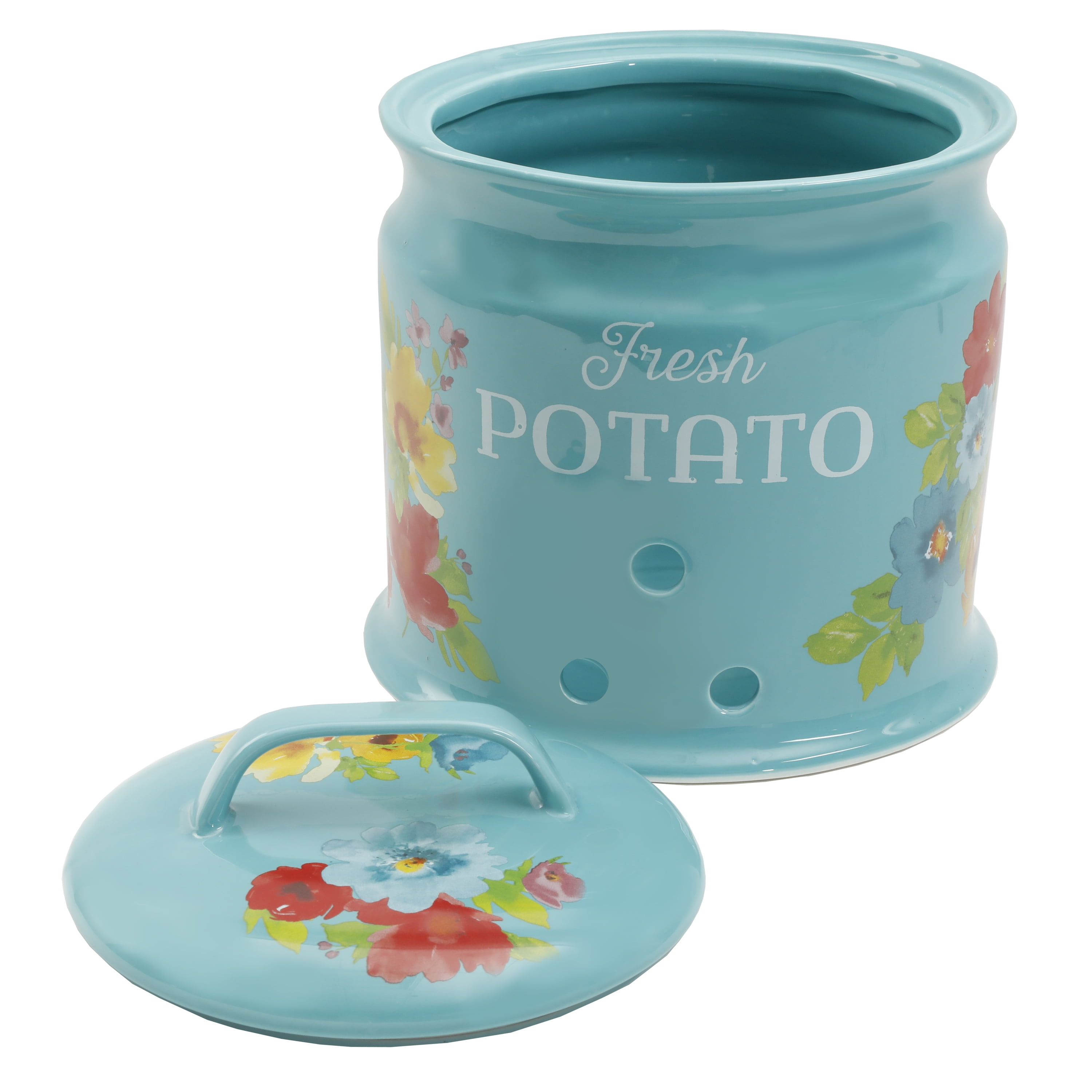 The Pioneer Woman Breezy Blossoms 9.5-Inch Teal Stoneware Potato Keeper