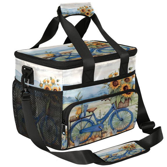 Herdesigns Retro Bicycle Sunflowers Large Lunch Box for Adults Women Men with Adjustable Shoulder Strap, Insulated Reusable Lunch Bag Leakproof Cooler Tote Bag