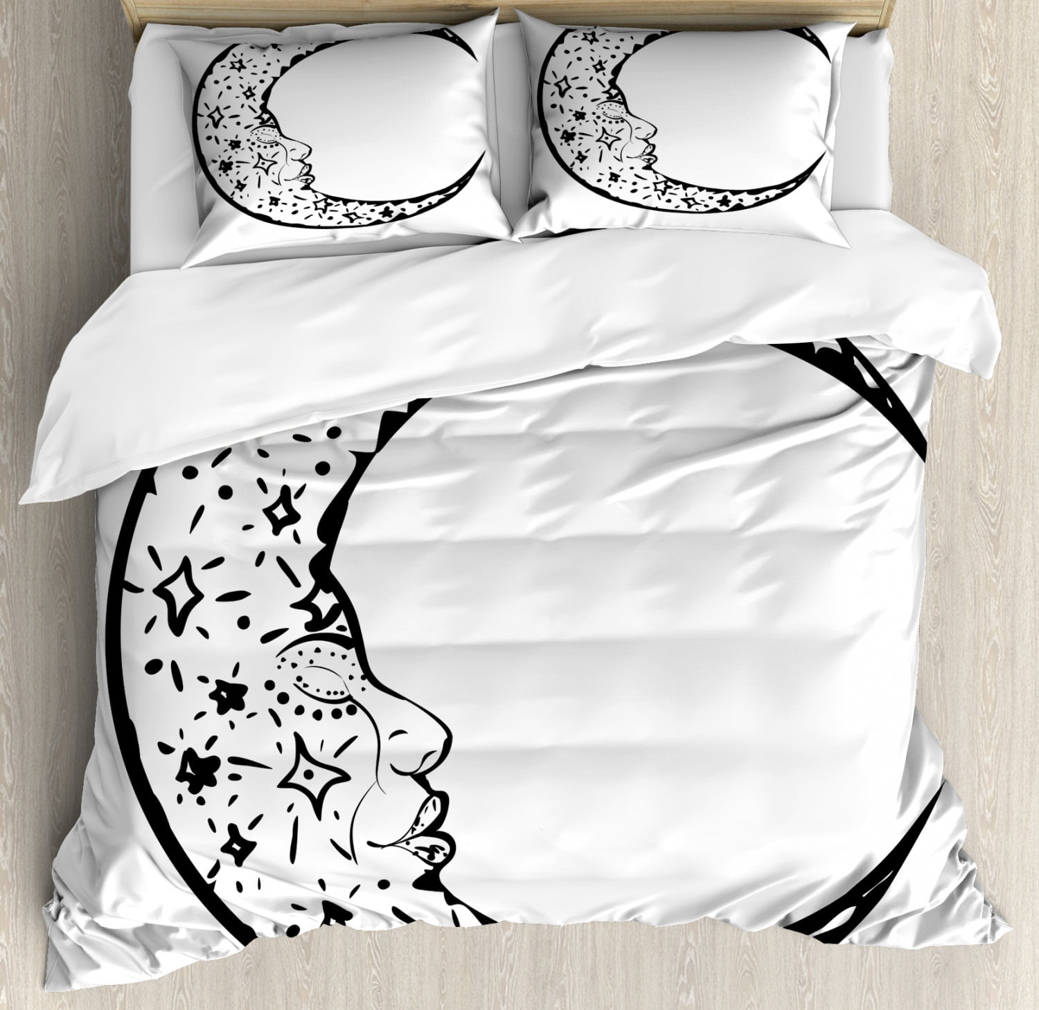 Magic Moon Duvet Cover Set, Monochrome Modern Crescent with Human Face